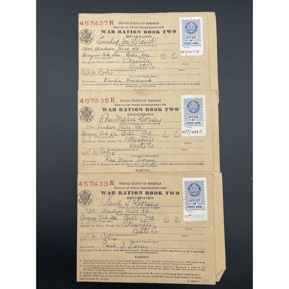 WWII War Ration Book 2 Lot (3) Sequential Baltimore MD Dorsey Family 1065